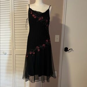 Xscape vintage black beaded black midi mesh silk Y2K cocktail dress size small